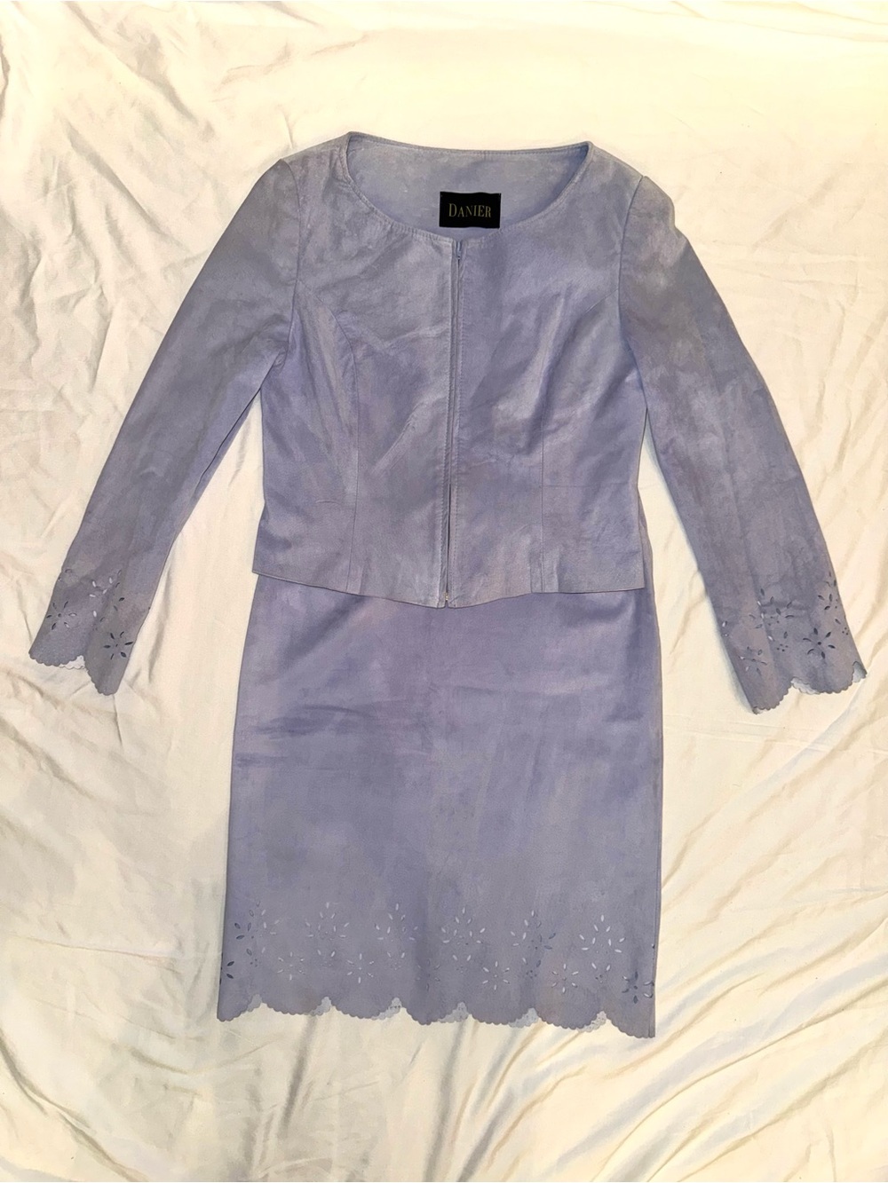 Vintage Danier Genuine Leather Suede 2-Piece Lilac Skirt Suit Floral Cutout - 10